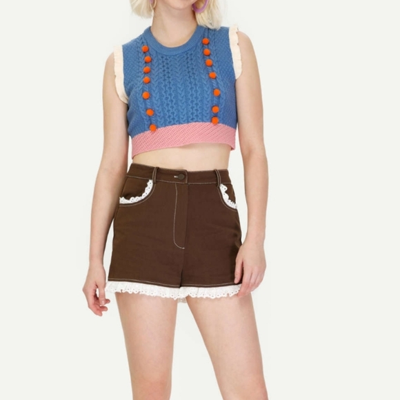 Cider Crop Sweater Vest Ruffle Pom Pom Cable Knit BOHO Blue Pink Orange LG NWT - Picture 2 of 14